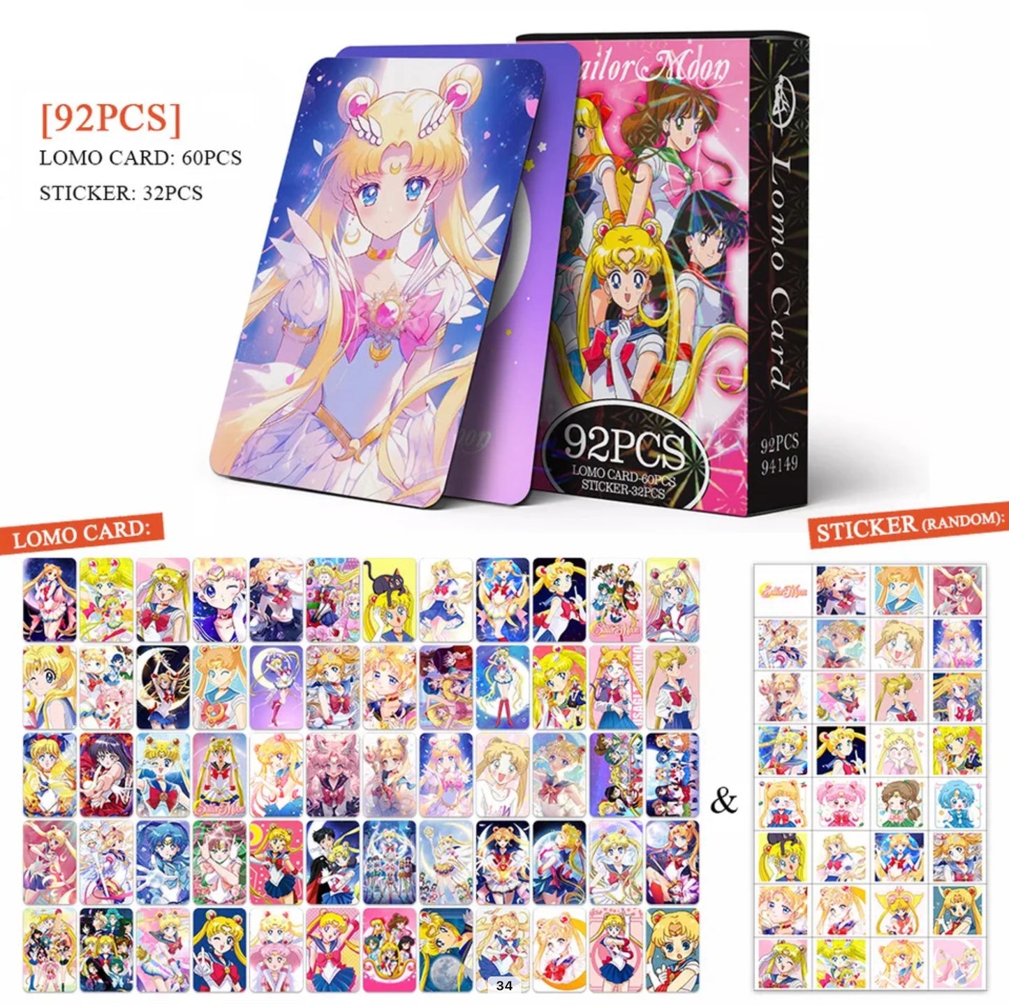 Sailor Moon Double Sided Lomocards + Stickers (92 pcs)